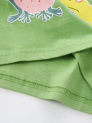 Close-up of lime children's t-shirt hem showing double stitching and inner seam finish