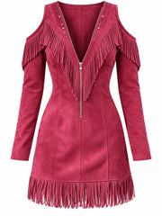 Front flat view of hot pink fringed cold shoulder mini dress with fringed hem