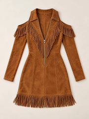 Caramel fringed cold shoulder mini dress laid flat showing zip front and fringe