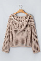 Back view of mocha openwork crochet hooded cover up with hood hanging on a hanger.