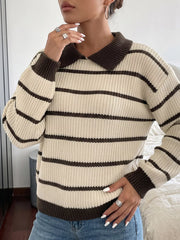 Front view of a cream and brown striped knit polo sweater with brown collar.
