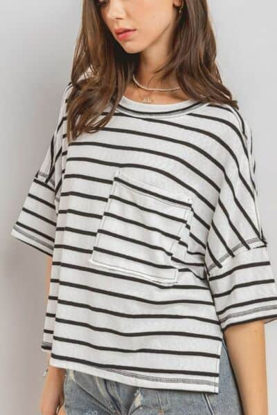 Ces Femme Side Slit Striped Round Neck Half Sleeve T-Shirt
