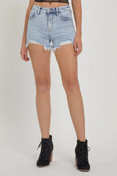 Women's high-rise denim shorts with rhinestone strap embellishments, pockets, and raw hems.