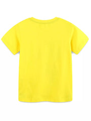 Back view of plain canary yellow children's short sleeve t-shirt laid flat with no print