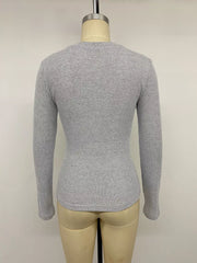 Back view of gray ribbed long-sleeve henley T-shirt with lace-trimmed neckline visible at the collar