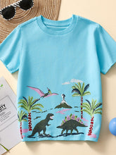 Flat lay front view of pastel blue children's tee with dinosaurs, palm trees and a volcano print