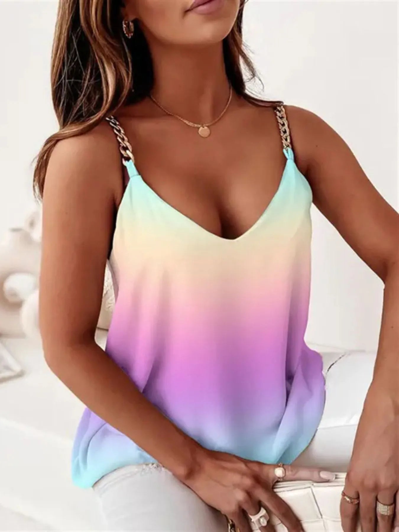 Chain Strap V-Neck Tank Top Tie-dye / S