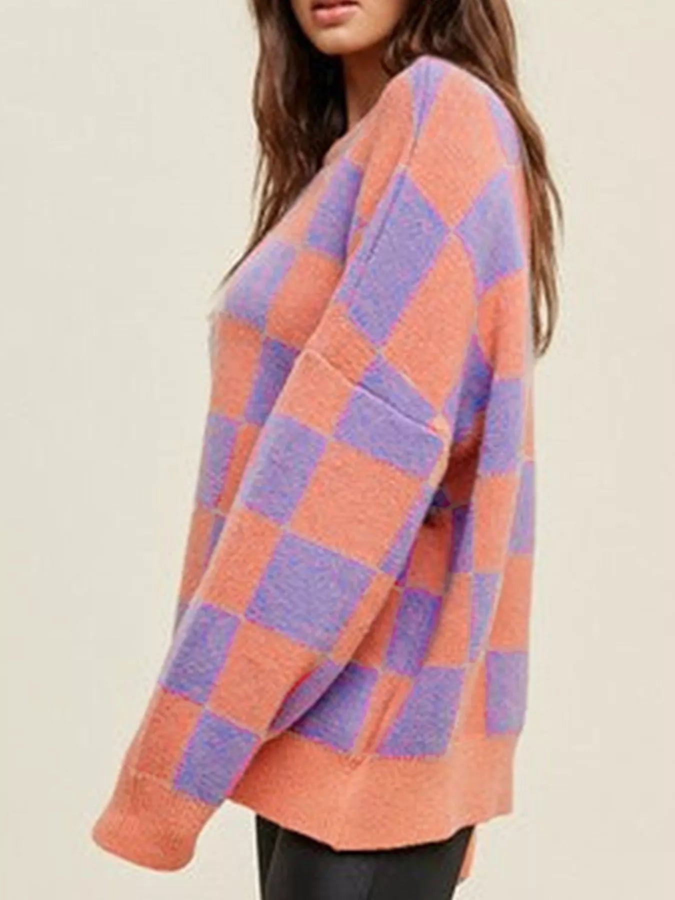 Checkerboard Chic Round Neck Sweater