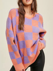 Checkerboard Chic Round Neck Sweater