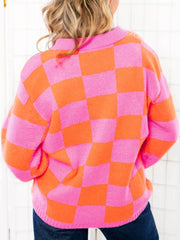 Checkerboard Pattern Half Button Sweater