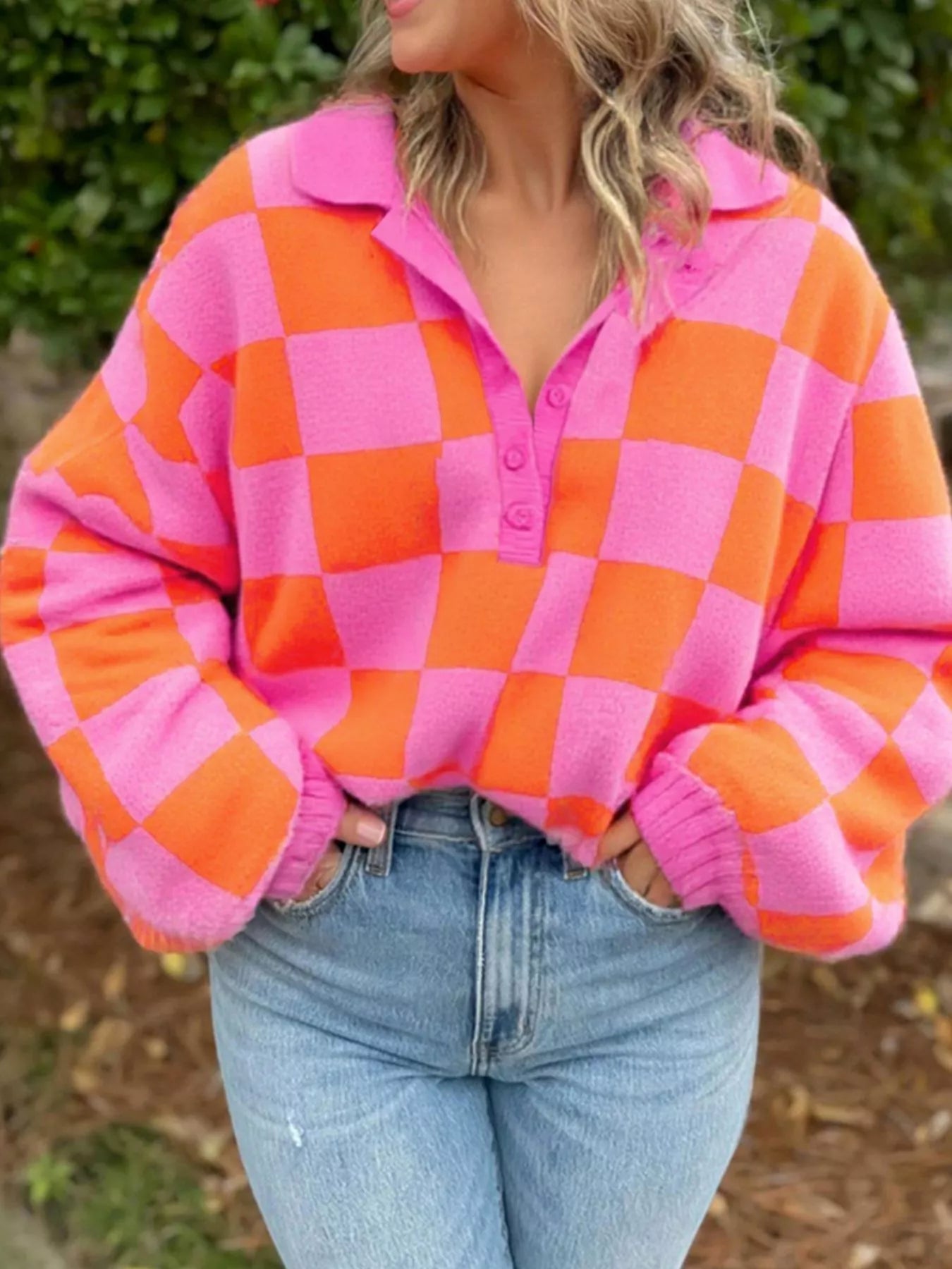 Checkerboard Pattern Half Button Sweater Strawberry / S