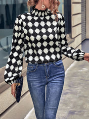Checkered Pattern Balloon Sleeve Blouse Black / S