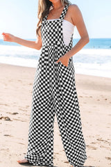 Checkered Print Pocketed Wide Leg Jumpsuit