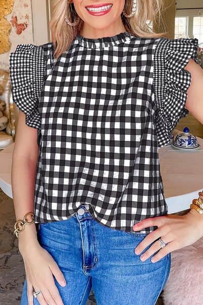 Checkered Ruffled Sleeve Frilled Neck Blouse Black / M