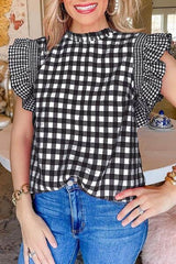 Checkered Ruffled Sleeve Frilled Neck Blouse Black / M
