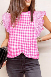 Checkered Ruffled Sleeve Frilled Neck Blouse Fuchsia Pink / S