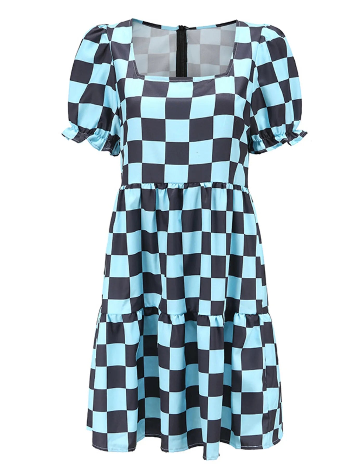 Checkered Short Sleeve Tiered Mini Dress Sky Blue / S