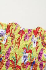 Cheetah Plant Print Shirred Button V Neck Maxi Dress