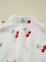 Cherry Print Flounce Sleeve Collared Frilled Babydoll Blouse