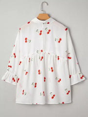 Cherry Print Flounce Sleeve Collared Frilled Babydoll Blouse