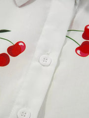 Cherry Print Flounce Sleeve Collared Frilled Babydoll Blouse