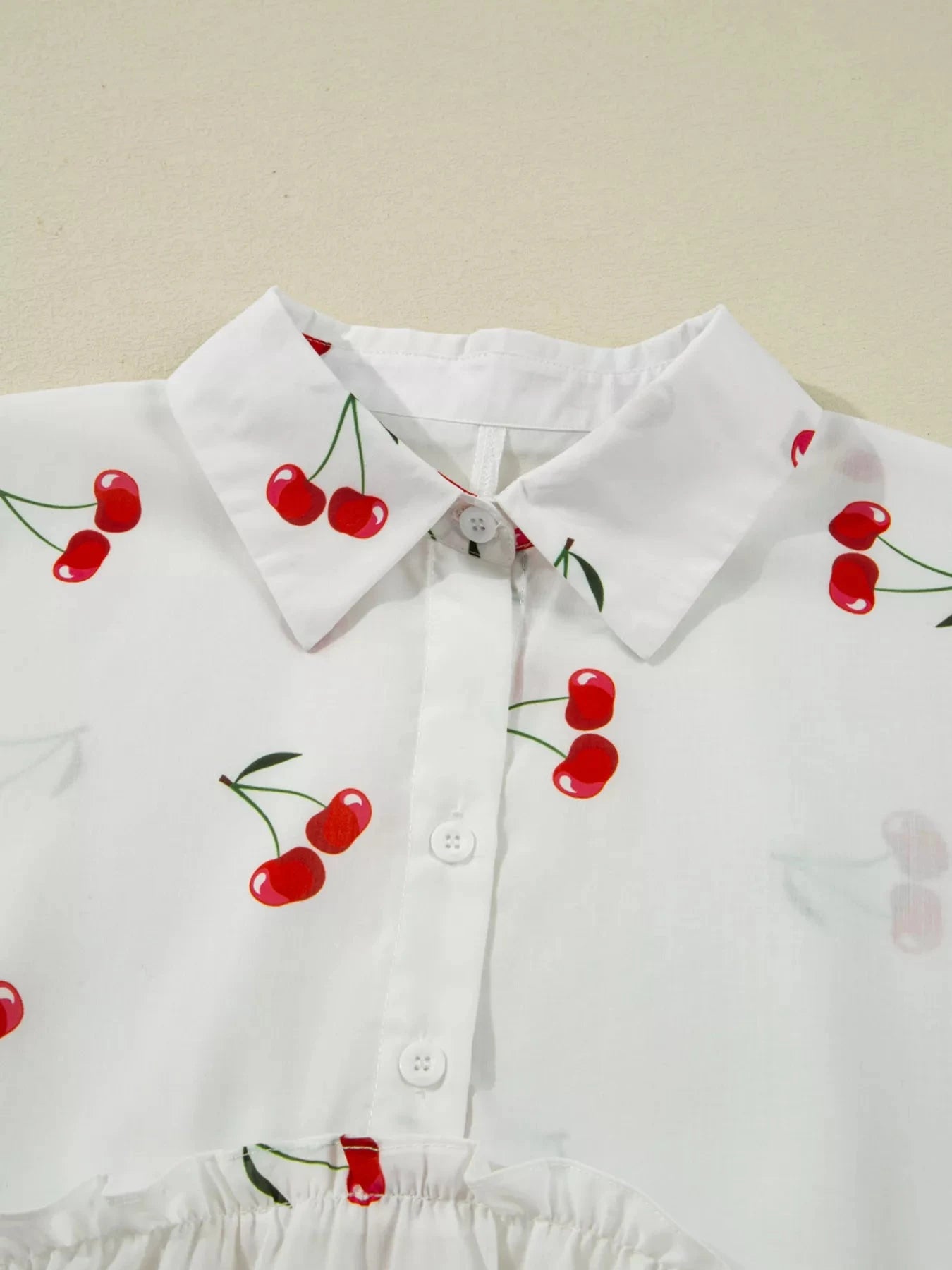 Cherry Print Flounce Sleeve Collared Frilled Babydoll Blouse