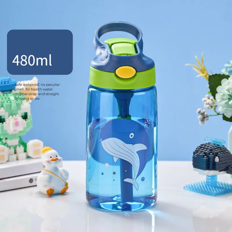 Children's straw cup: anti-falling water bottle for summer school Blue Whale / 480ml