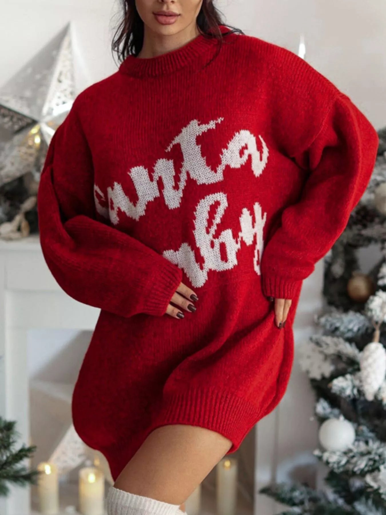 Christmas Letter Oversized Sweater Dress Red / S