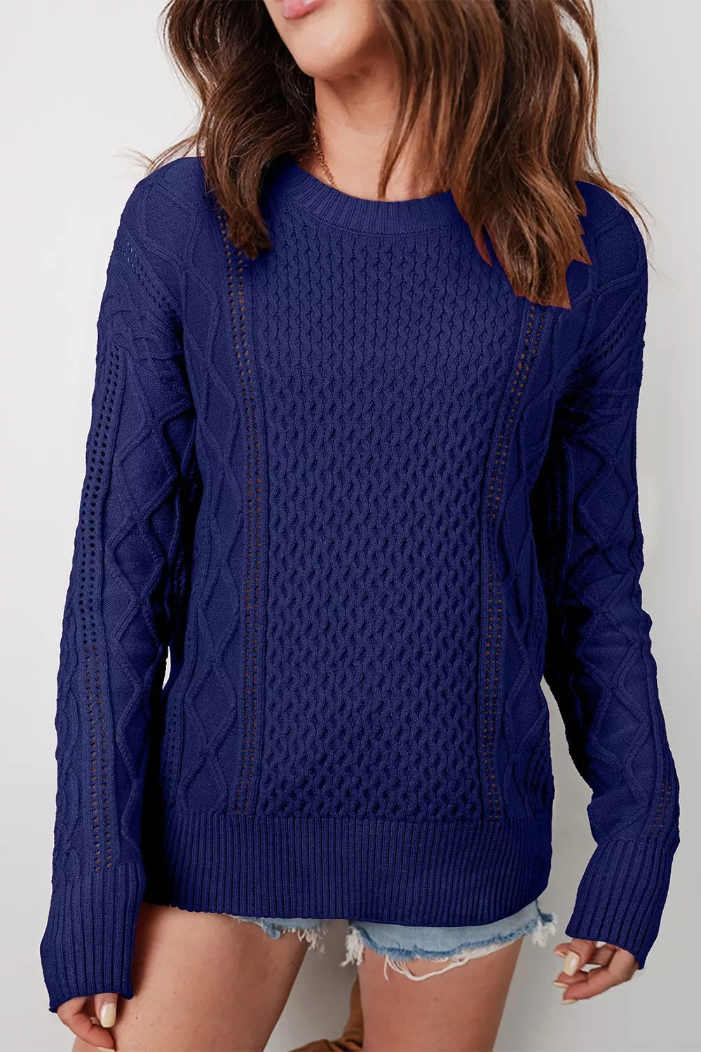 Classic Texture Knit Long Sleeve Sweater Navy / S
