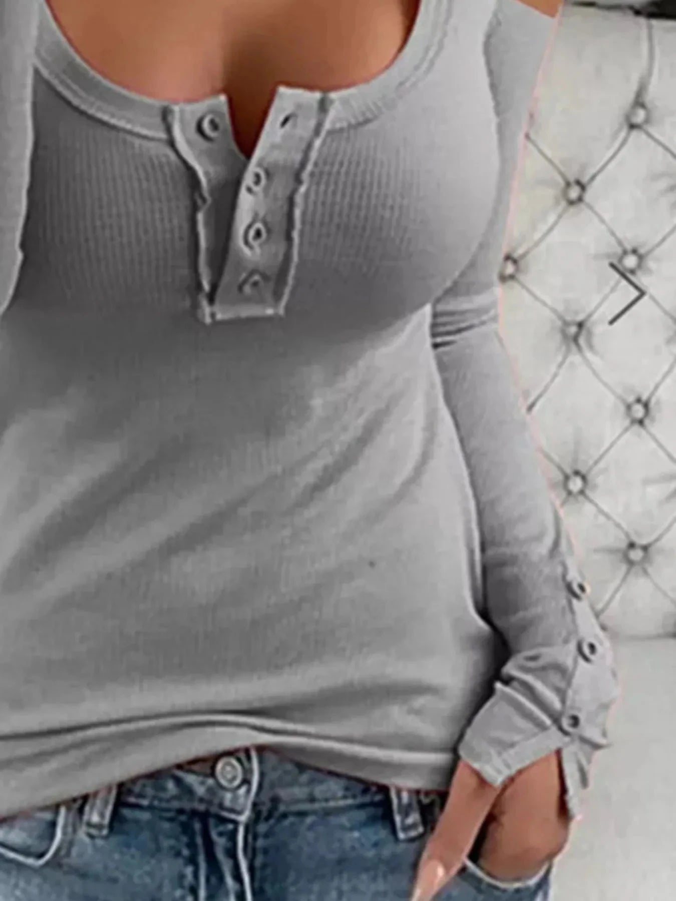 Cold Shoulder Ribbed Henley T-Shirt with Button Detail