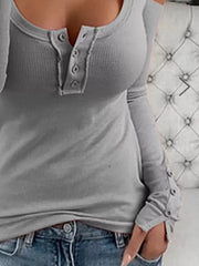 Cold Shoulder Ribbed Henley T-Shirt with Button Detail