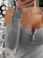 Cold Shoulder Ribbed Henley T-Shirt with Button Detail