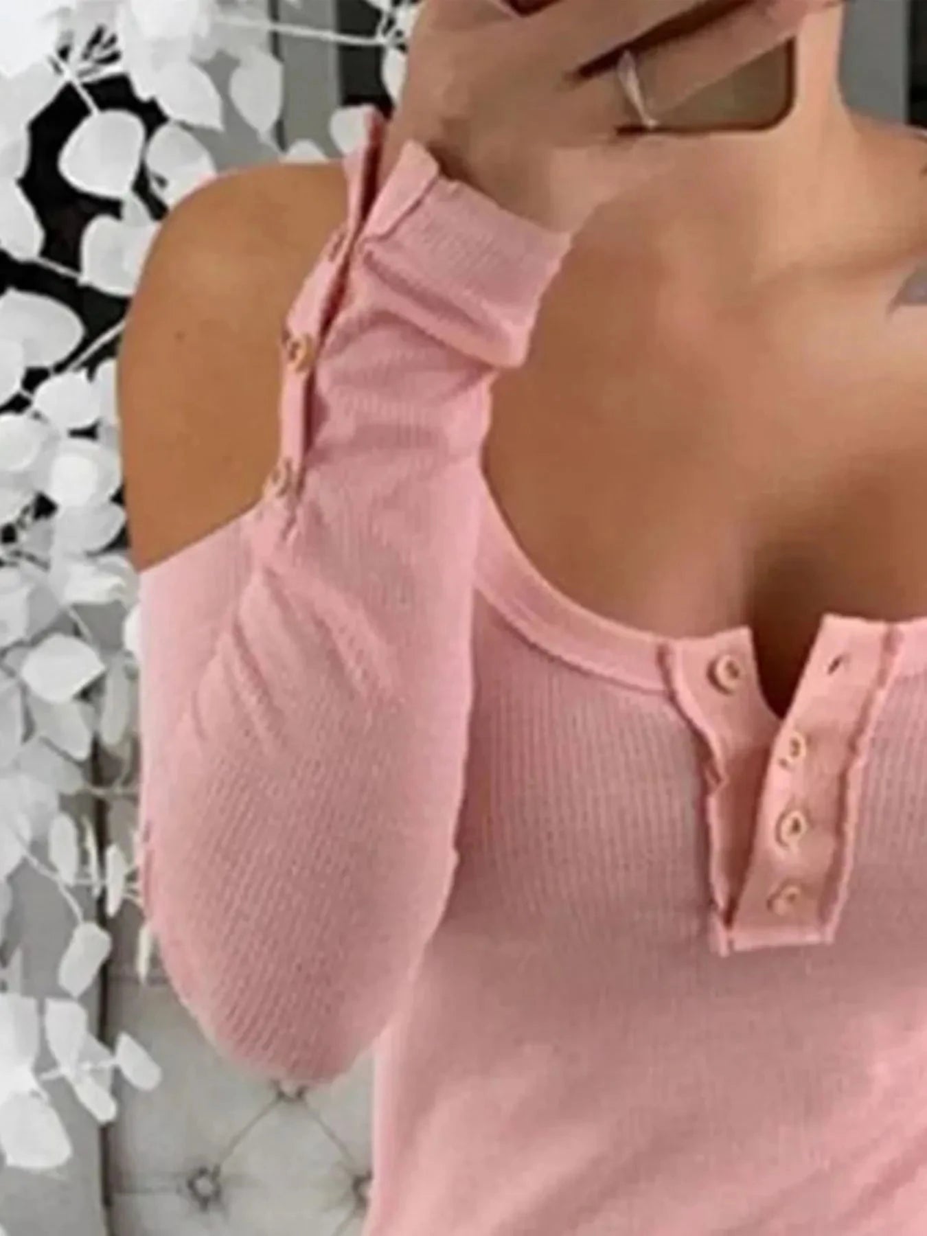 Cold Shoulder Ribbed Henley T-Shirt with Button Detail