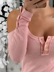 Cold Shoulder Ribbed Henley T-Shirt with Button Detail