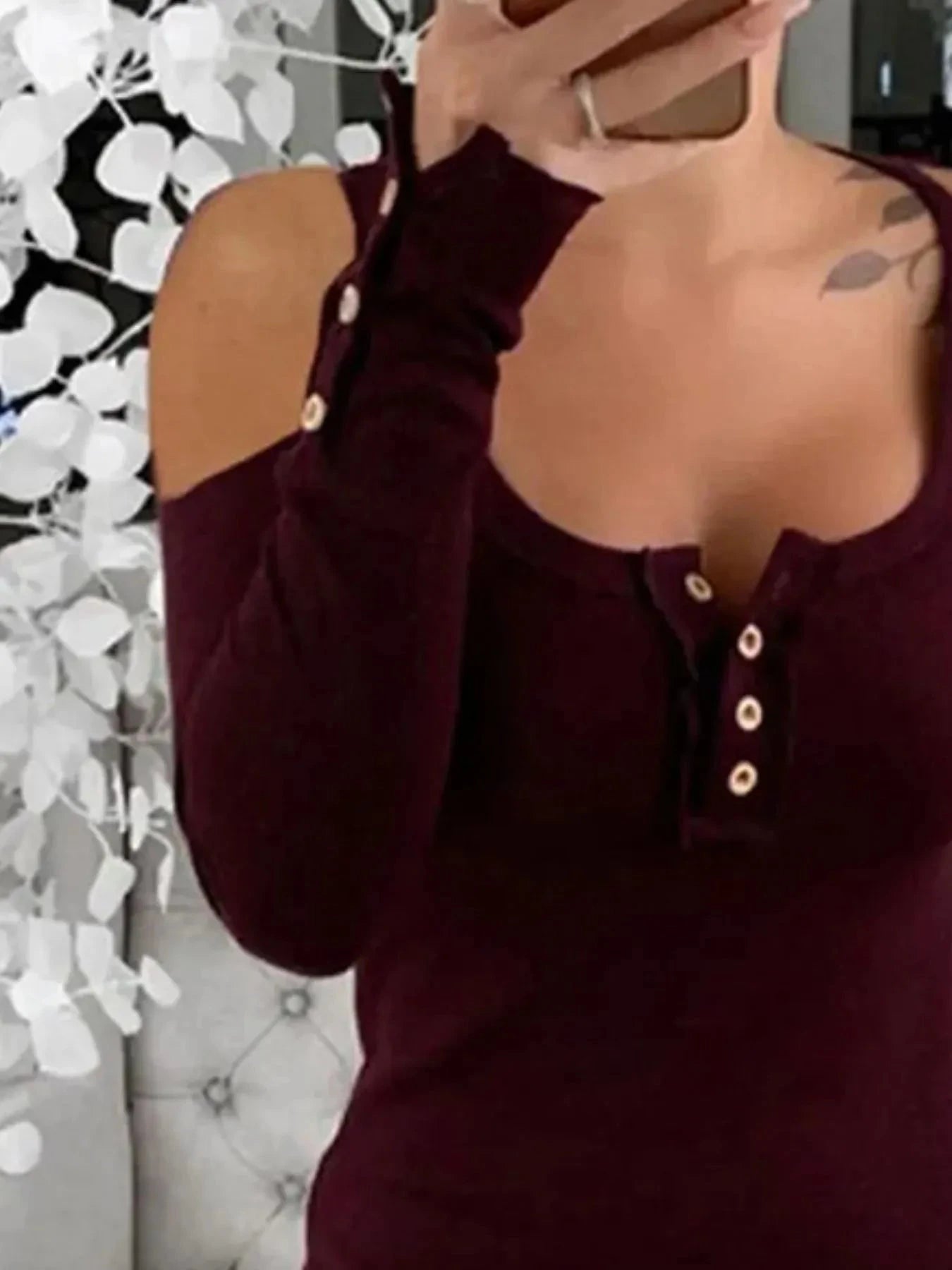 Cold Shoulder Ribbed Henley T-Shirt with Button Detail