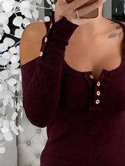 Cold Shoulder Ribbed Henley T-Shirt with Button Detail