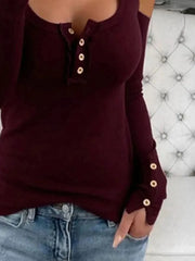Cold Shoulder Ribbed Henley T-Shirt with Button Detail