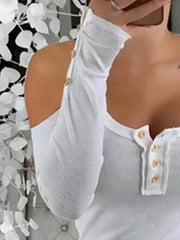 Cold Shoulder Ribbed Henley T-Shirt with Button Detail