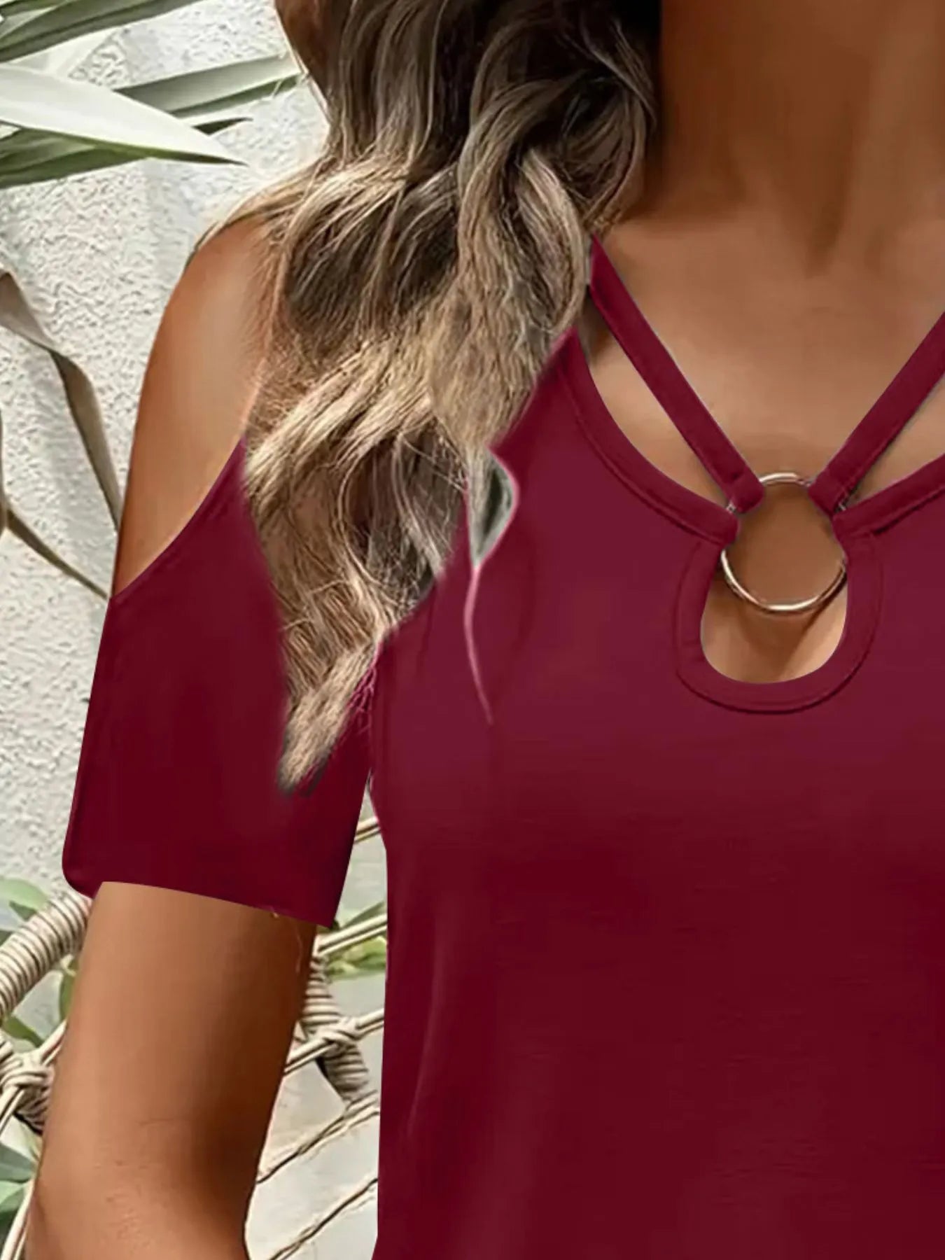 Cold Shoulder T-Shirt with Metal Ring Detail
