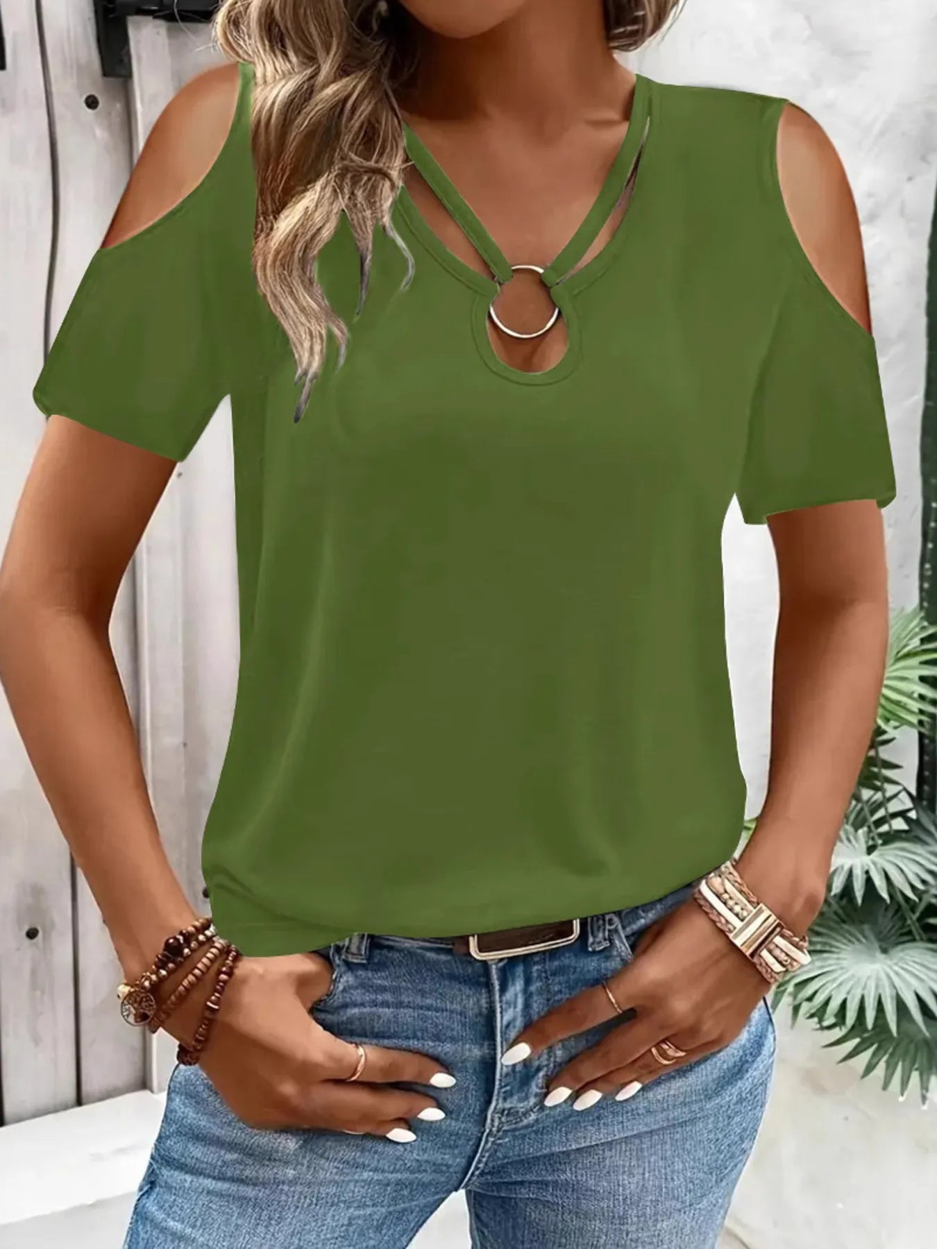 Cold Shoulder T-Shirt with Metal Ring Detail