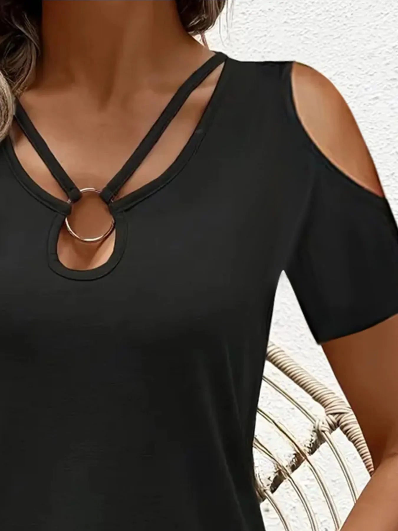 Cold Shoulder T-Shirt with Metal Ring Detail