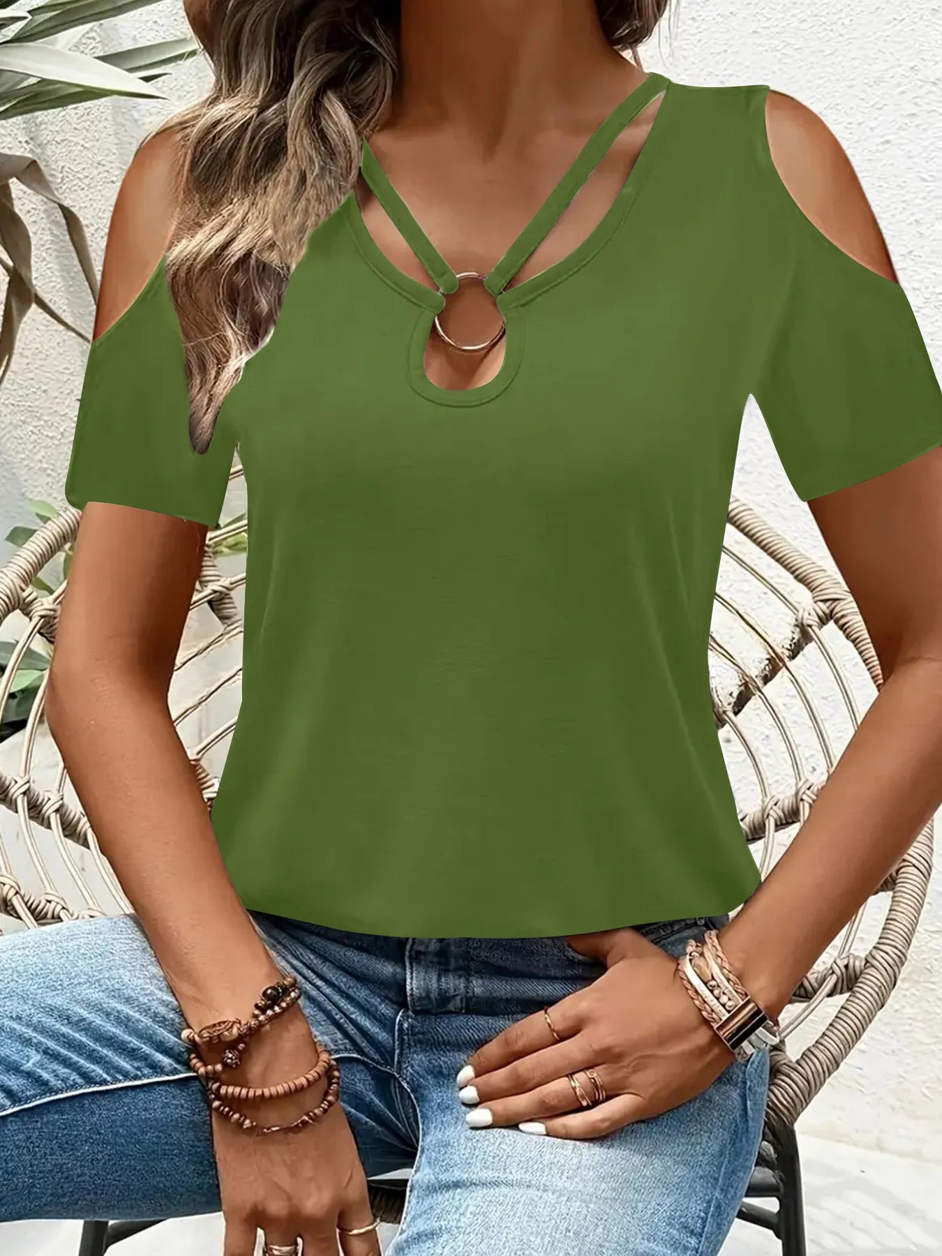 Cold Shoulder T-Shirt with Metal Ring Detail Army Green / S