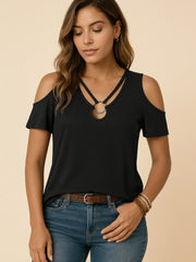 Cold Shoulder T-Shirt with Metal Ring Detail Black / S