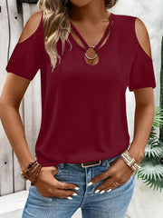Cold Shoulder T-Shirt with Metal Ring Detail Burgundy / S