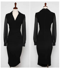Collared Mesh Sleeves Pleated High Waist Dress