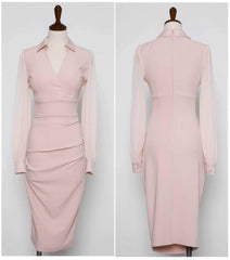Collared Mesh Sleeves Pleated High Waist Dress