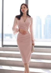 Collared Mesh Sleeves Pleated High Waist Dress S / Pink