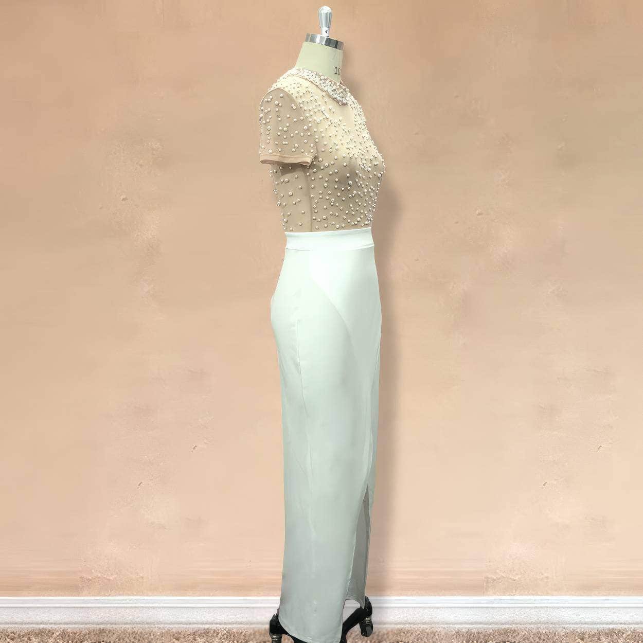 Collared Neck Bead Detailed High Front Slit Dress
