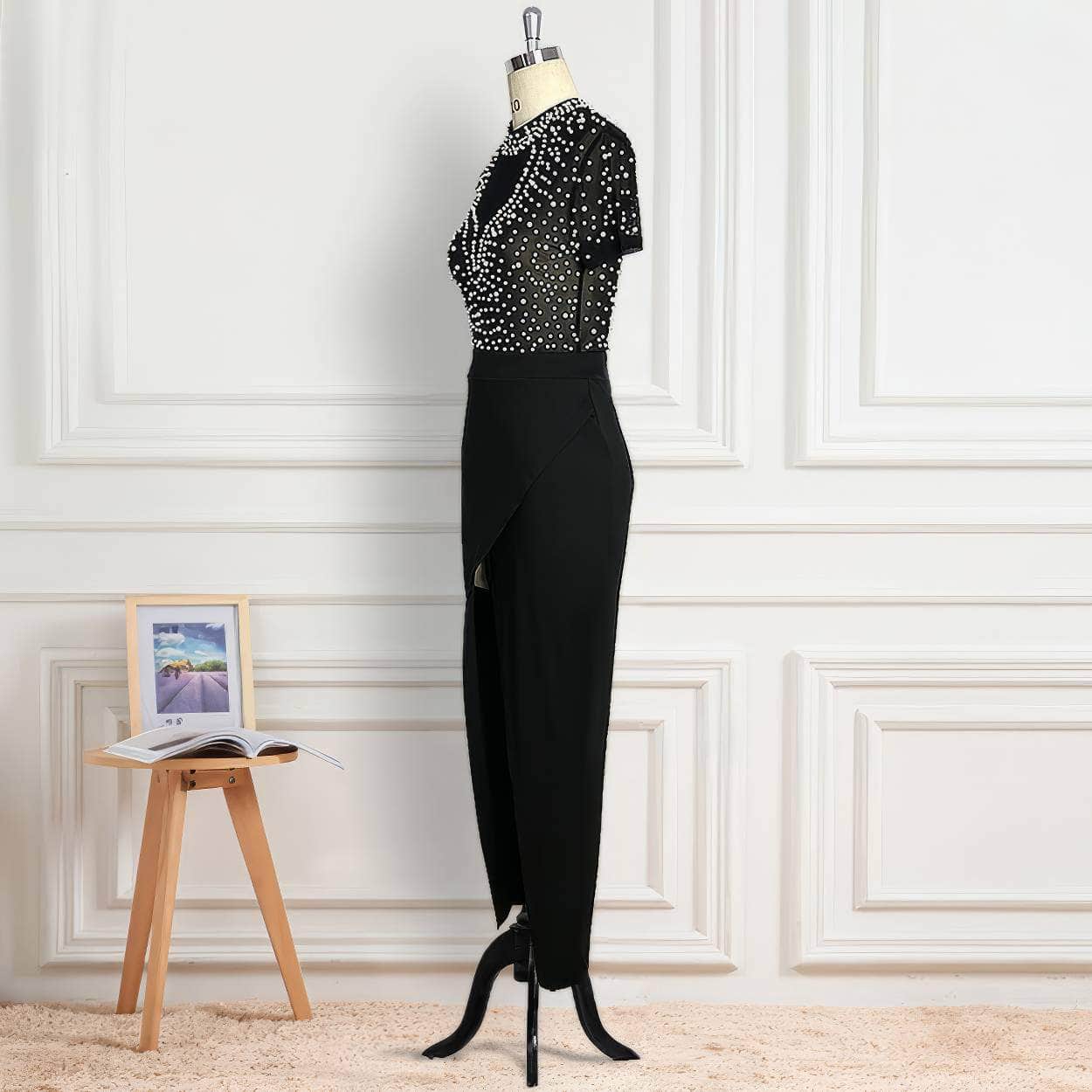 Collared Neck Bead Detailed High Front Slit Dress