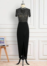 Collared Neck Bead Detailed High Front Slit Dress